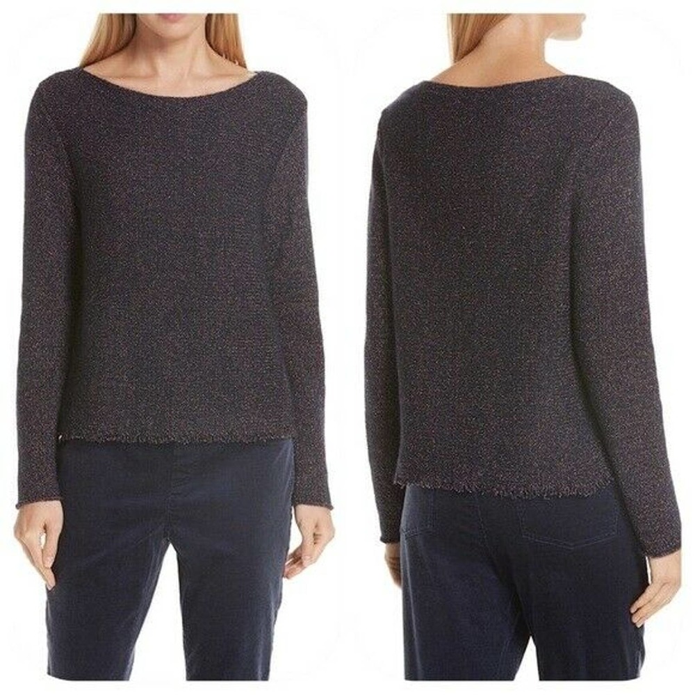 Eileen Fisher Marled Wool Fringe Hem Sweater M